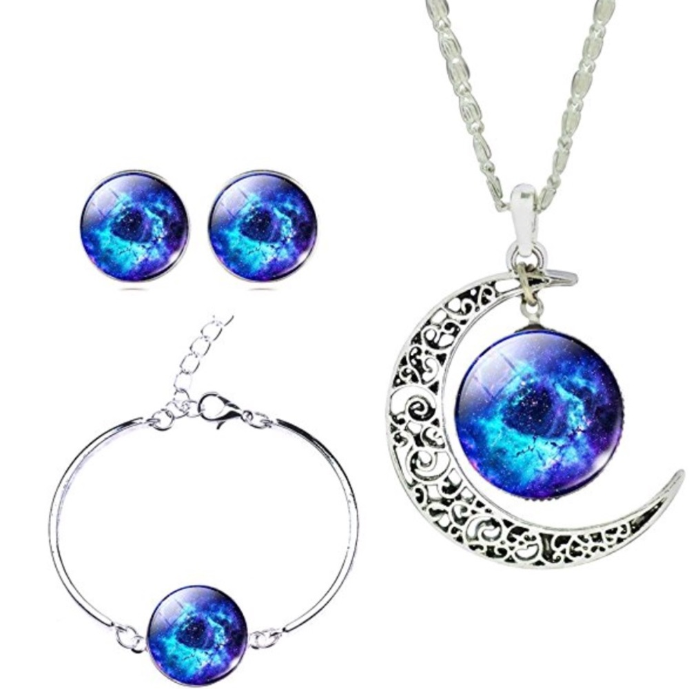 Galaxy Universe Gem Crescent Pendant Set